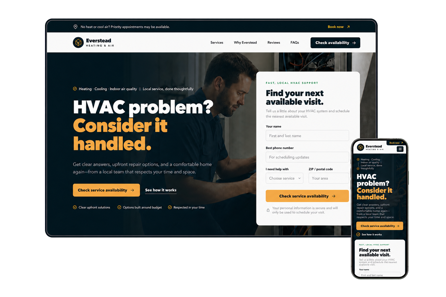 Everstead fictional HVAC landing-page example shown on desktop and mobile
