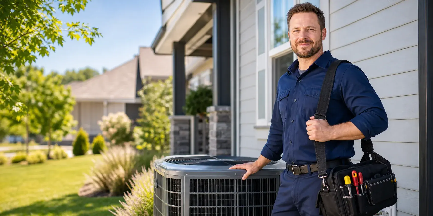 HVAC technician beside an outdoor air-conditioning unit at a suburban home
